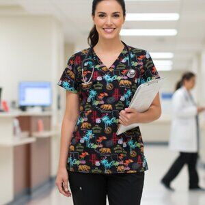 California Bear & Route 66 Print Scrub Top - Size Small